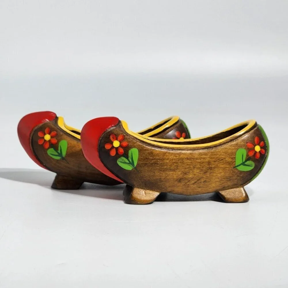 Miniature Hand Painted Vintage Wooden Clogs With Floral Design Red Tips Pair